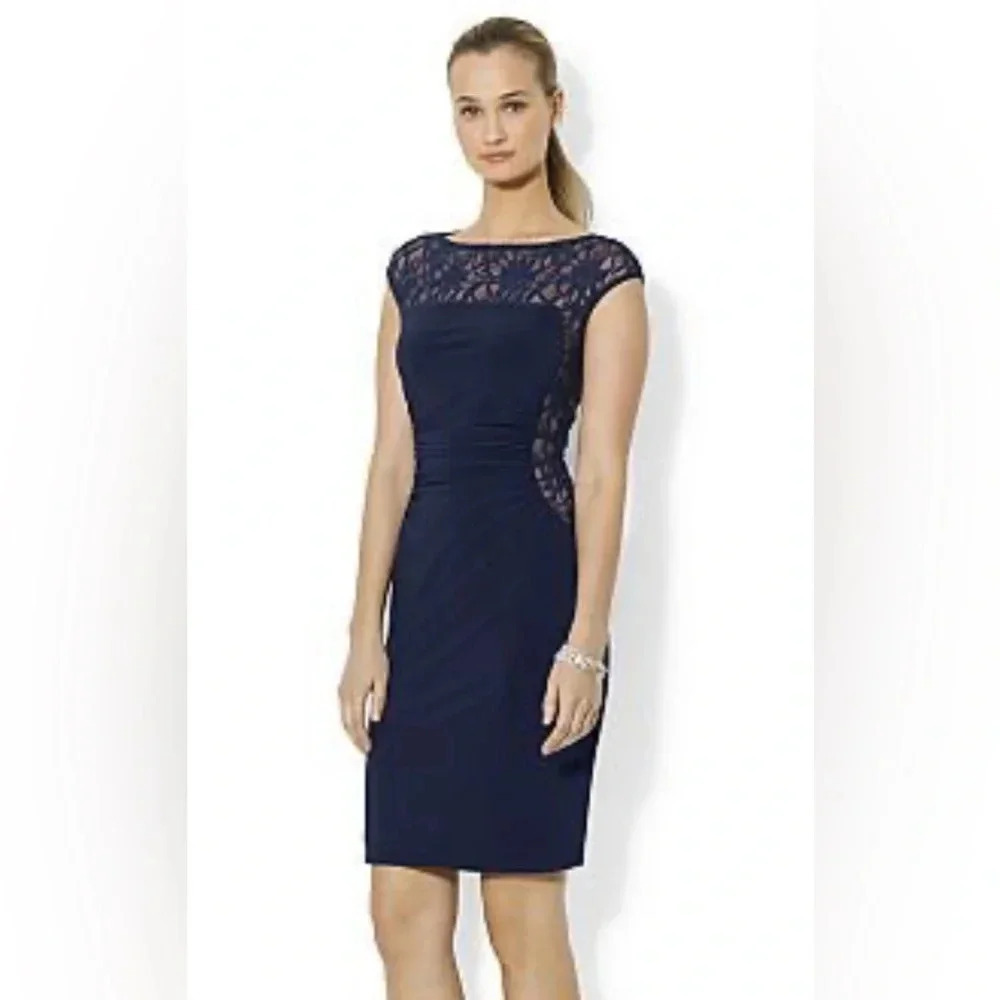 Lauren Ralph Lauren Sleeveless Gathered‎ Knit Dress Size 14 Navy
